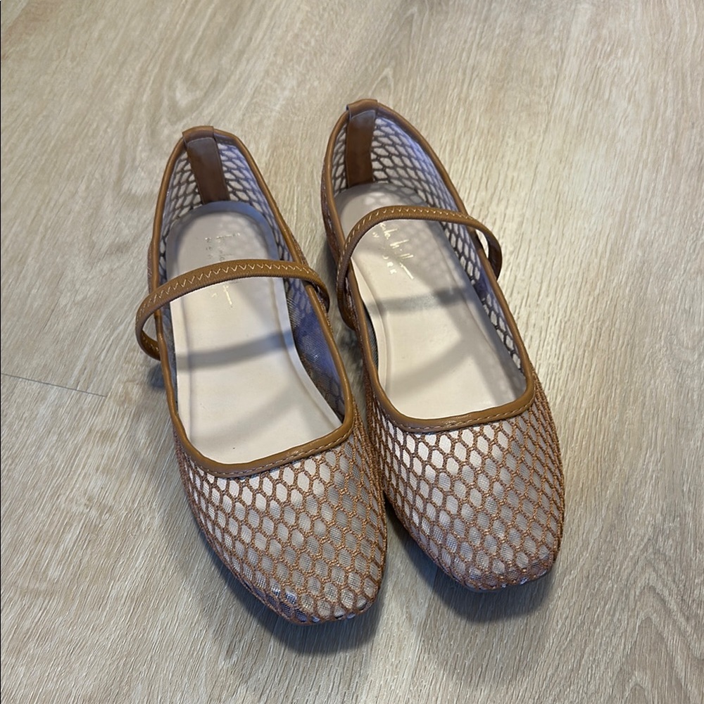 Nicole Miller Tan Mesh Mary Jane Flats